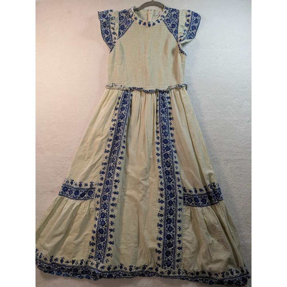 Sea New York x RTR Cream Blue Block Print Smocked Cotton Maxi Dress Medium